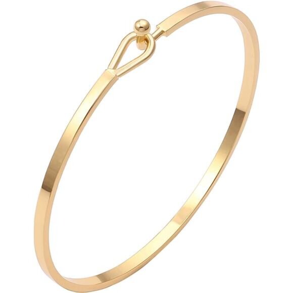 PEARL Dainty Gold Bar Bracelet for Women Simple Delicate Thin Cuff Bangle Hook - Picture 1 of 7